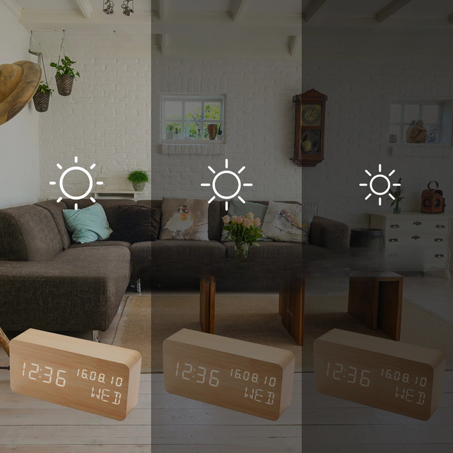 Nowoczesny budzik cyfrowy w drewnianej obudowie