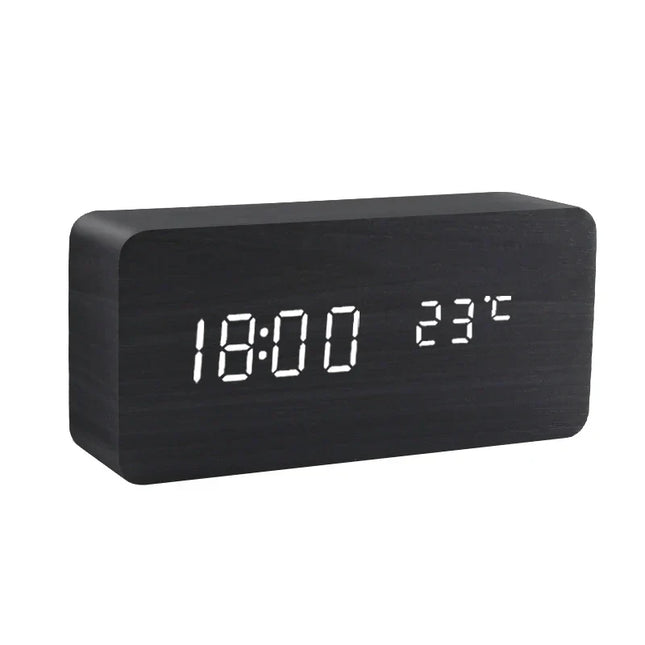Budzik cyfrowy z ciemnego drewna LED