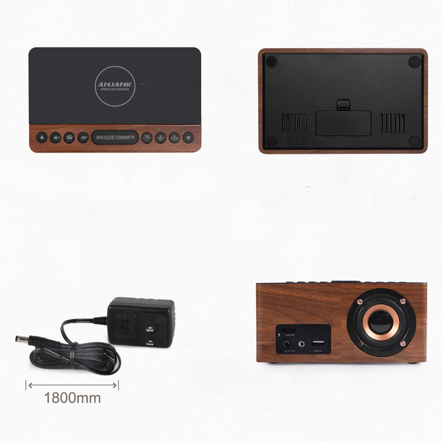 Drewniany radiobudzik z ładowarką bezprzewodową