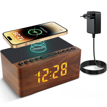 Drewniany radiobudzik z ładowarką bezprzewodową