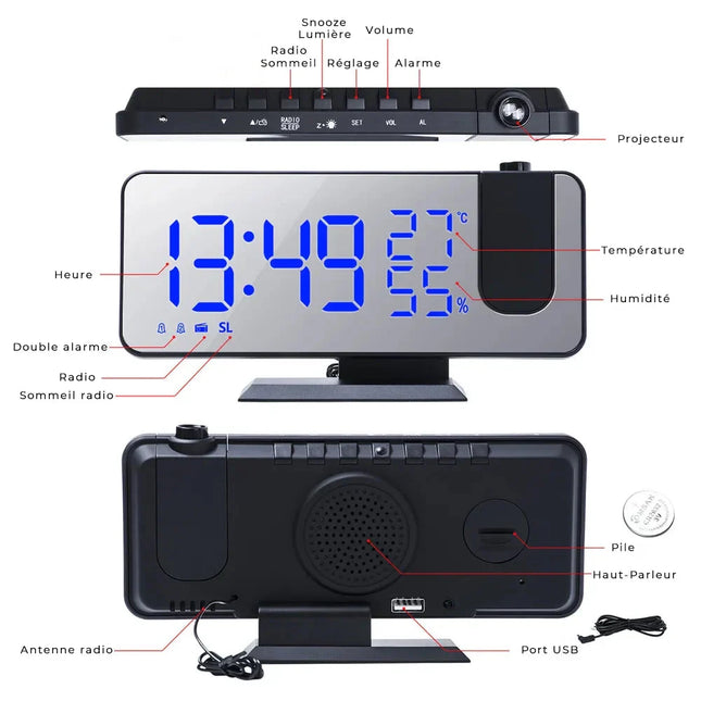 Designerski radiobudzik z projektorem i radiem