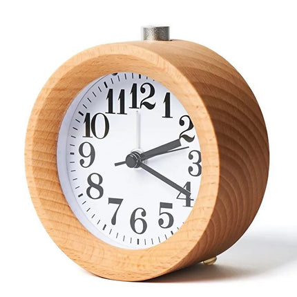 Okrągły drewniany budzik analogowy cichy