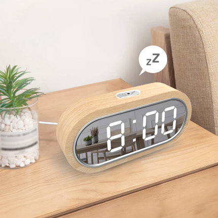 Drewniany budzik LED z lustrzanym wyświetlaczem