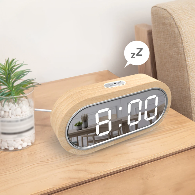 Drewniany budzik LED z lustrzanym wyświetlaczem