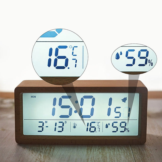 Drewniany budzik elektroniczny z wyświetlaczem LCD