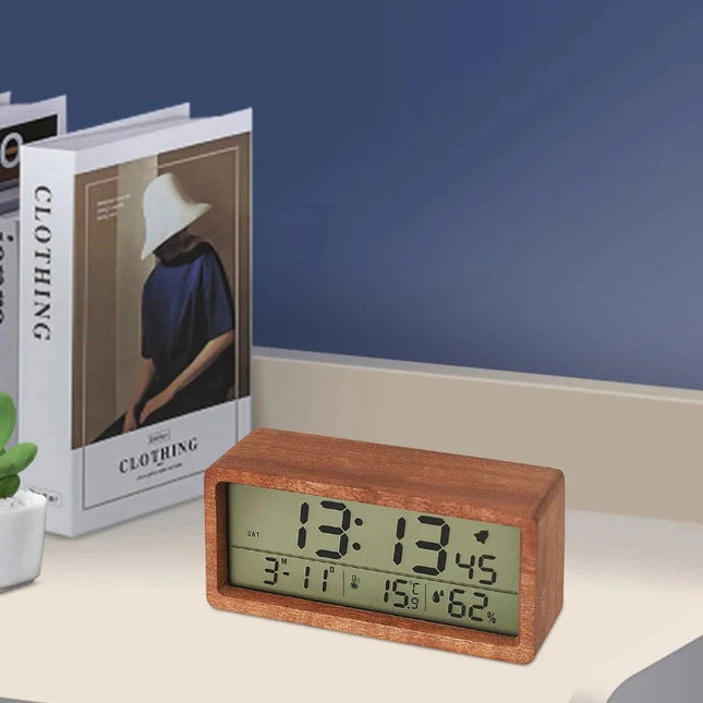 Drewniany budzik elektroniczny z wyświetlaczem LCD