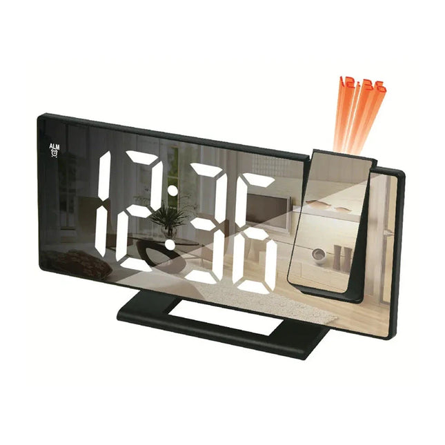 Czarny lustrzany budzik z projektorem