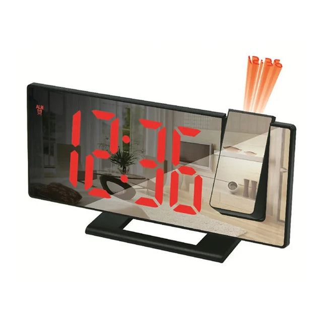 Czarny lustrzany budzik z projektorem