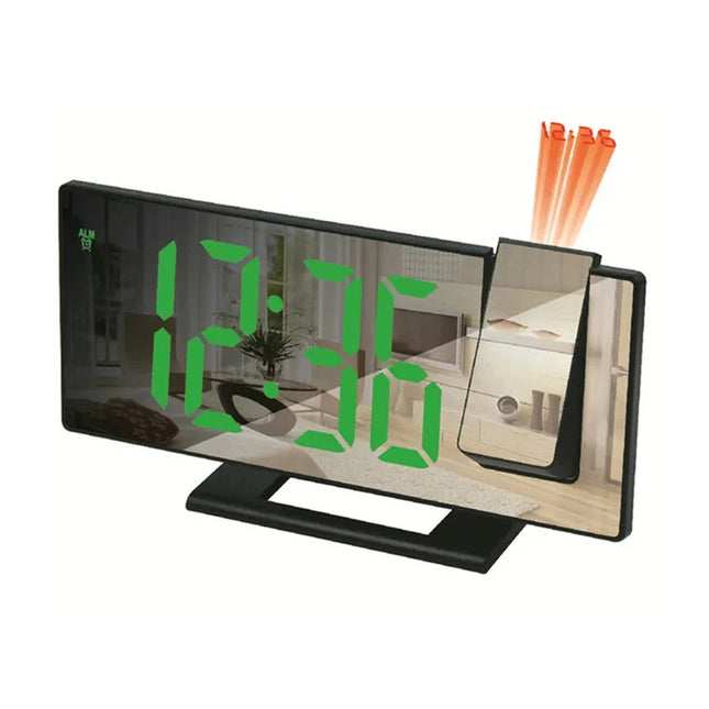 Czarny lustrzany budzik z projektorem